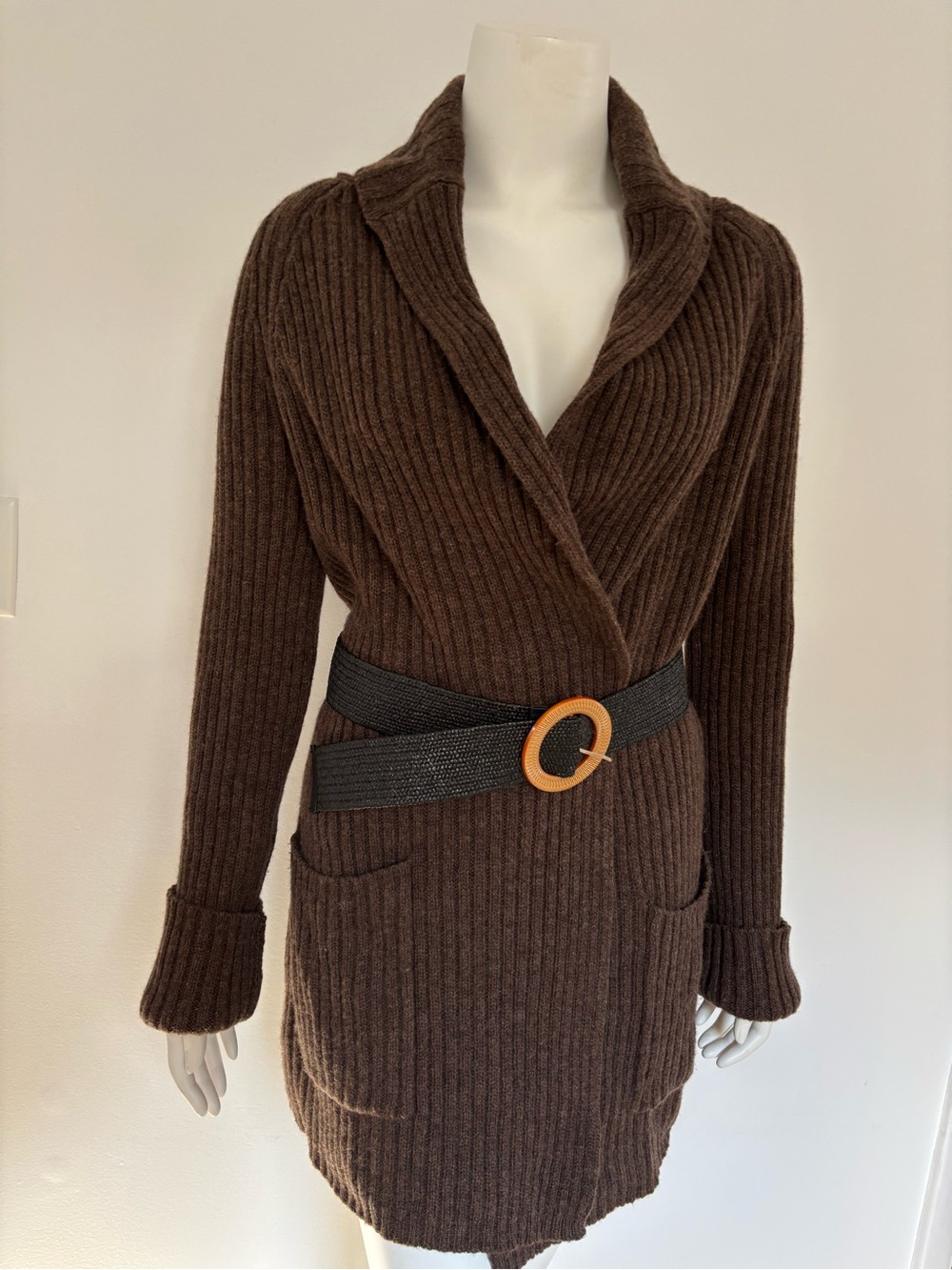 The Limited 100% Lambswool Chocolate Brown Ribbed Wrap Cardigan